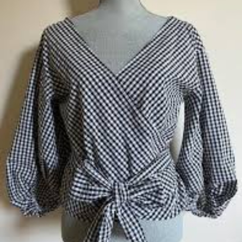 Black and White Gingham Wrap Top - Picture 3 of 4